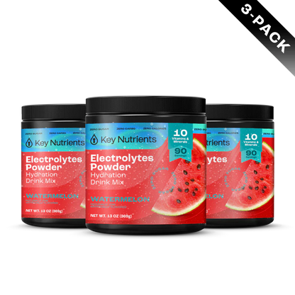 Watermelon-flavored Key Nutrients Electrolyte Recovery Plus Powder in a 3-pack, sugar-free electrolyte supplement for hydration.