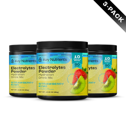 Strawberry Kiwi flavored Key Nutrients Electrolyte Recovery Plus Powder sugar-free packets on a white background