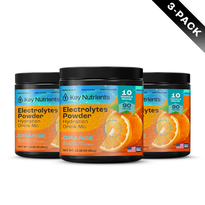 Orange Key Nutrients Electrolyte Recovery Plus Powder (Sugar-Free) 3-pack, featuring vibrant orange flavor and electrolyte blend.