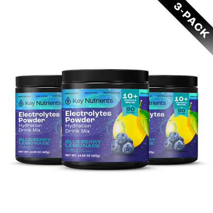 Blueberry Lemonade electrolyte recovery powder by Key Nutrients in a three-pack, sugar-free electrolyte supplement for hydration.