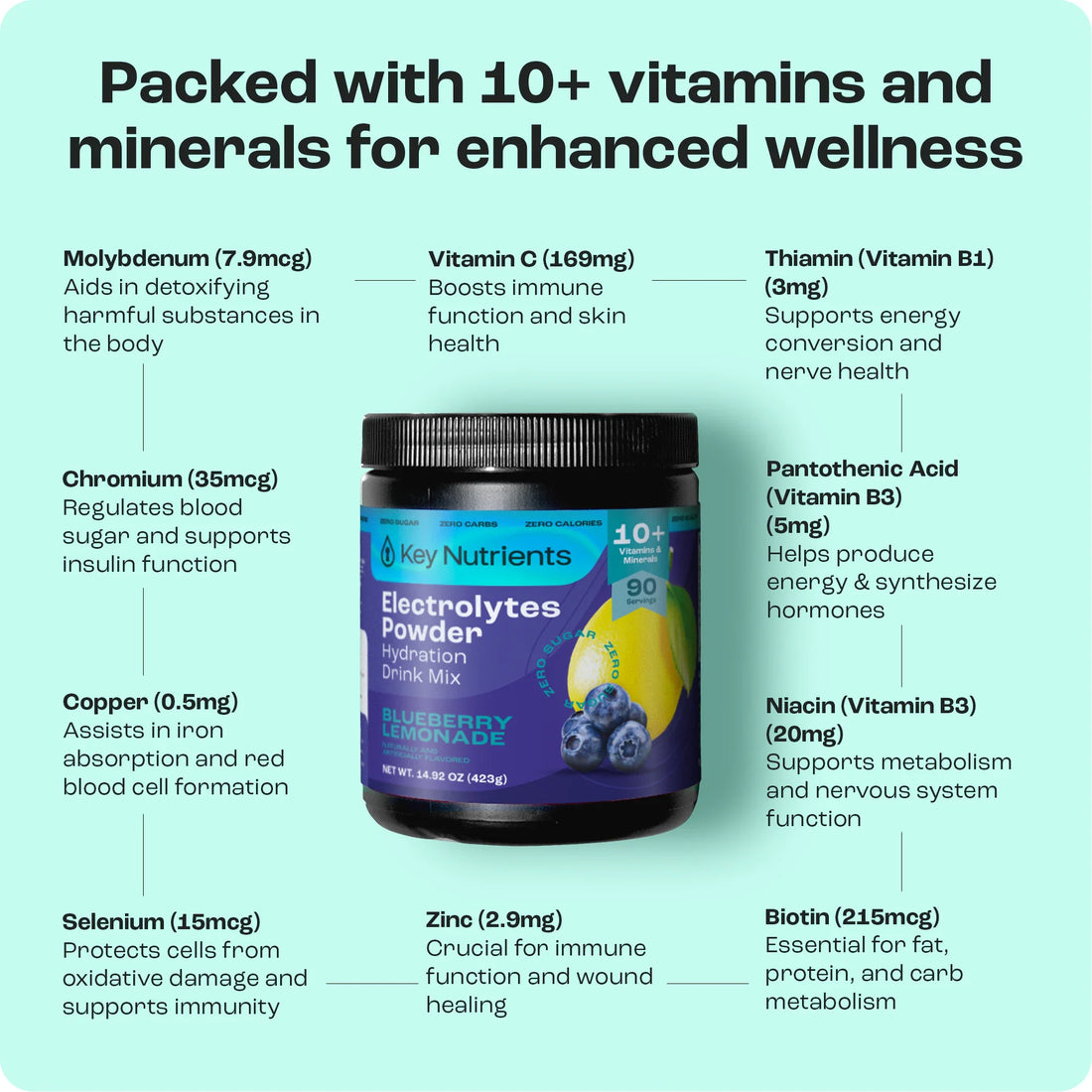 Key Nutrients Electrolyte Recovery Plus Powder in Lemonade flavor, sugar-free electrolyte powder for hydration, 90 servings.