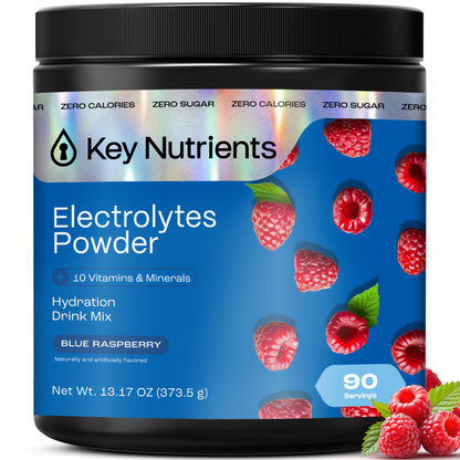 Key Nutrients Electrolyte Recovery Plus Powder in sugar-free formula, showing the colorful powder mix in a clear container.