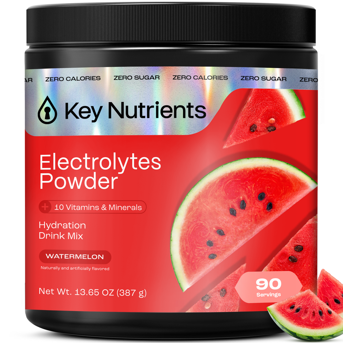 Key Nutrients electrolyte recovery plus powder in lemonade flavor, sugar-free, 90-serving container with orange and yellow powder.