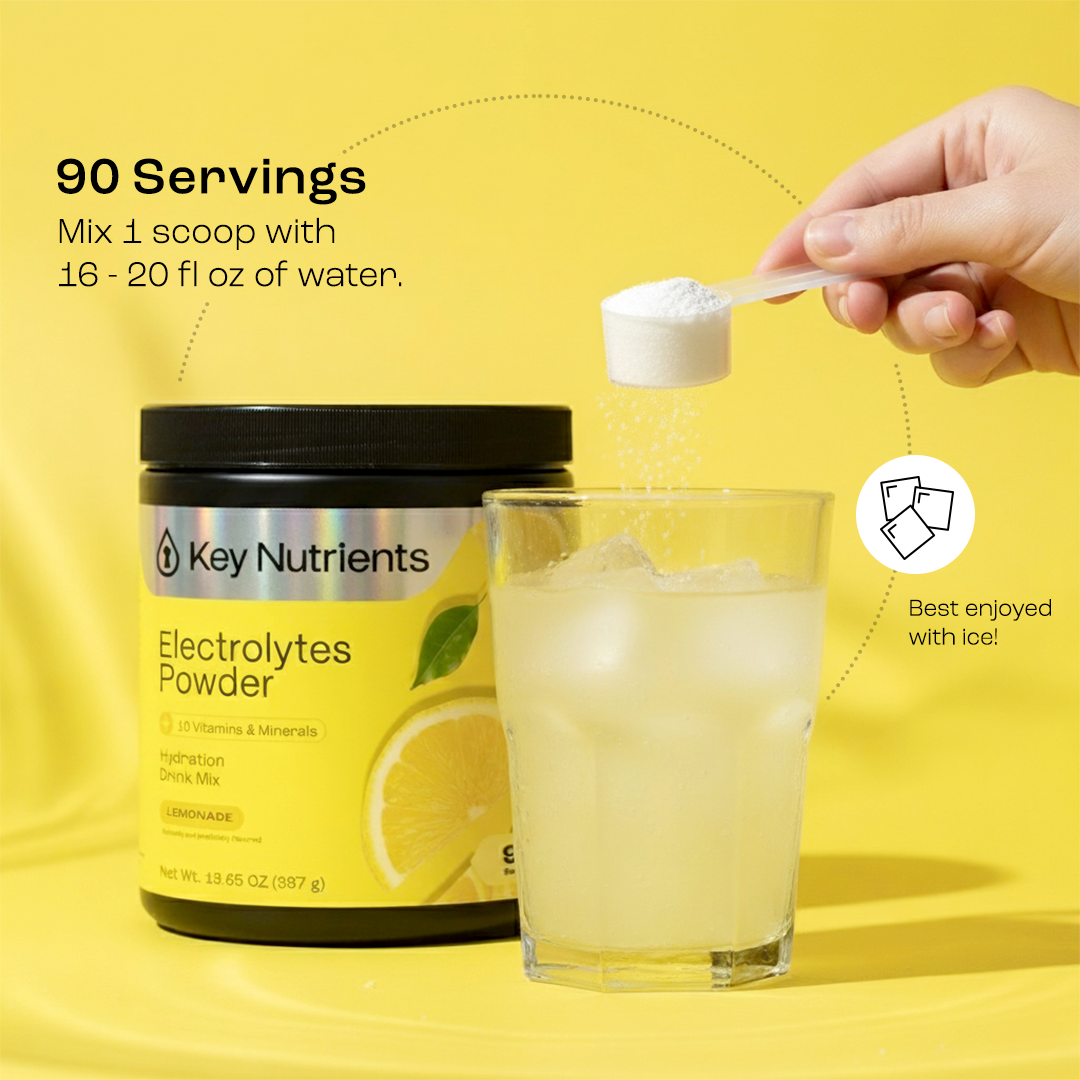 Key Nutrients Electrolyte Recovery Plus Powder in Lemonade flavor, sugar-free electrolyte powder for hydration, 90 servings.