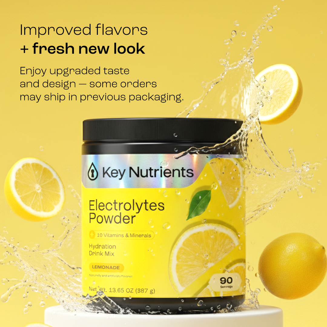 Key Nutrients electrolyte recovery plus powder in lemonade flavor, sugar-free electrolyte mix for hydration and replenishment.