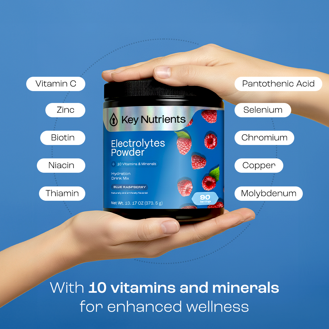 Key Nutrients sugar-free electrolyte recovery plus powder in lemon flavor, 90 servings, with natural lemon imagery.