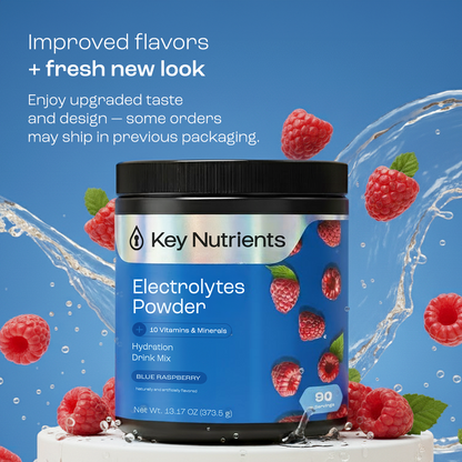 Key Nutrients Electrolyte Recovery Plus Powder, sugar-free electrolyte supplement in a clear container with scoop and label.