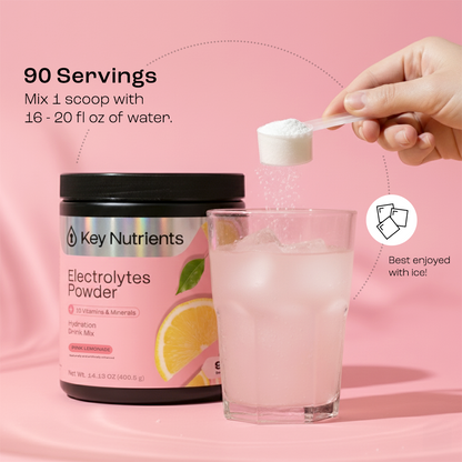Key Nutrients Electrolyte Recovery Plus Powder in hydration mix shot bottle, sugar-free electrolyte supplement for hydration.