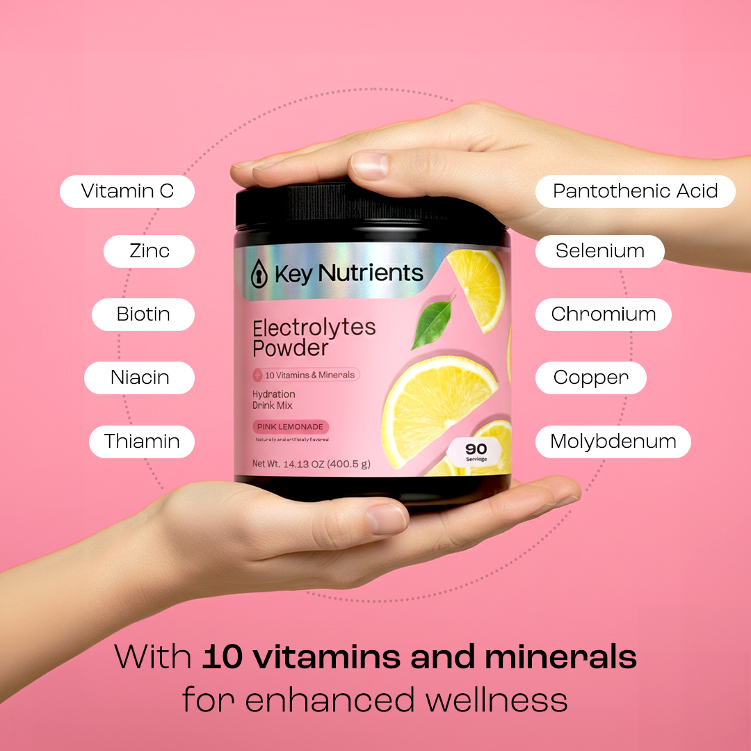 Key Nutrients Electrolyte Recovery Plus Powder in Lemonade flavor, sugar-free electrolyte drink mix for hydration, 90 servings.