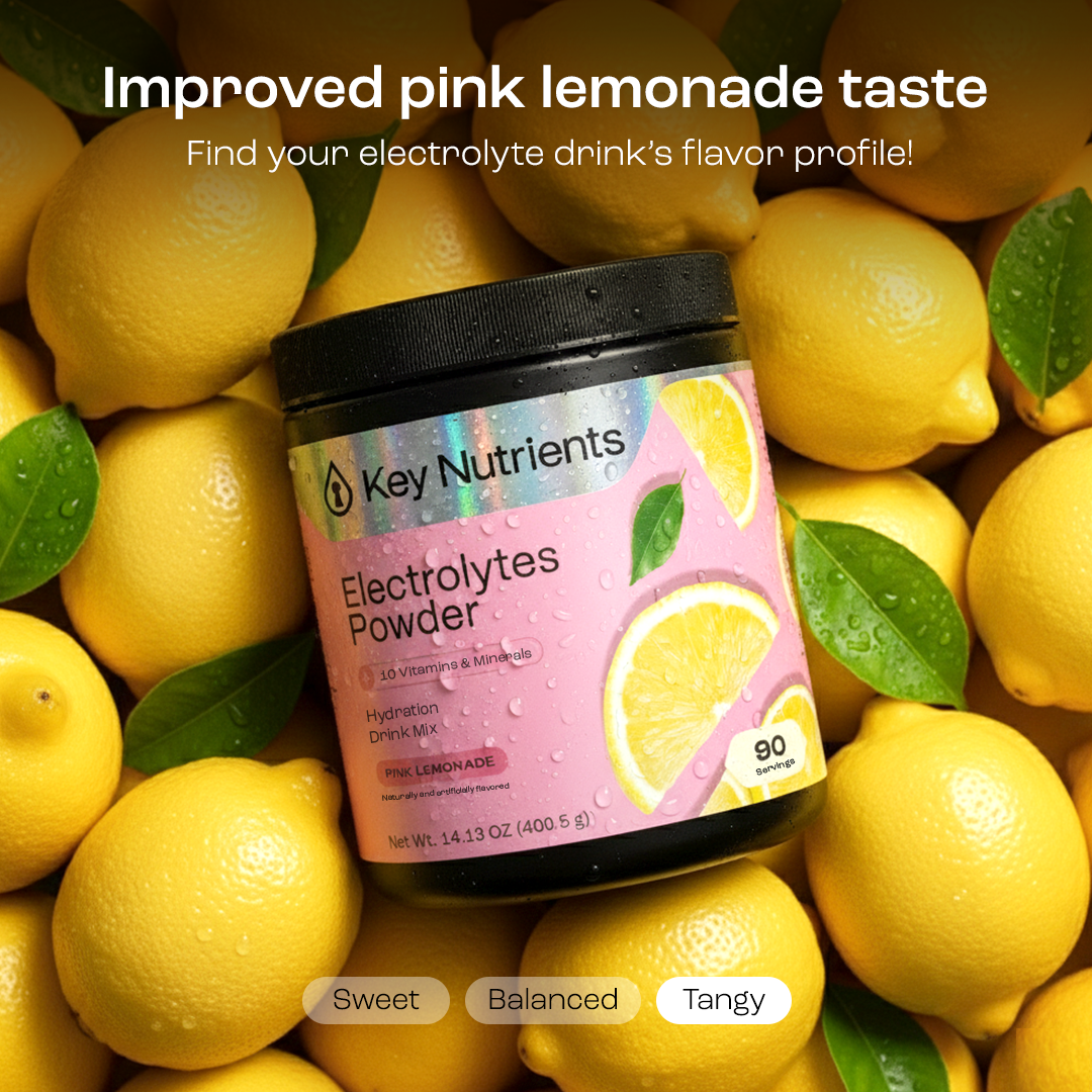 Key Nutrients Electrolyte Recovery Plus Powder in Lemonade flavor, sugar-free electrolyte powder for hydration, 90 servings.