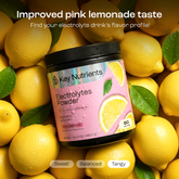 Key Nutrients Electrolyte Recovery Plus Powder in Lemonade flavor, sugar-free electrolyte powder for hydration, 90 servings.