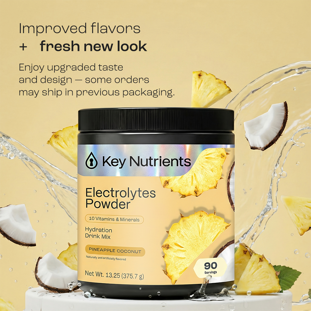 Key Nutrients Electrolyte Recovery Plus Powder in Lemonade flavor, sugar-free electrolyte powder for hydration, 90 servings.