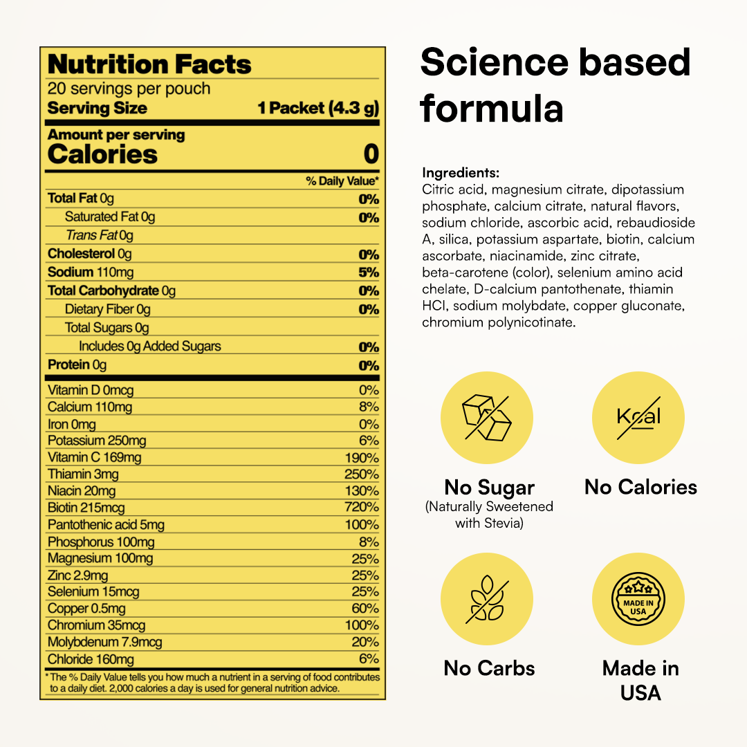 Key Nutrients Electrolyte Recovery Plus Powder in Lemonade flavor, sugar-free electrolyte powder for hydration, 90 servings.