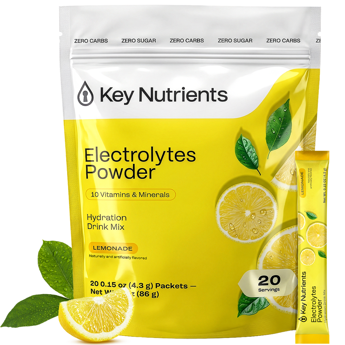 Key Nutrients Electrolyte Recovery Plus Powder in Lemonade flavor, sugar-free electrolyte supplement for hydration and recovery.