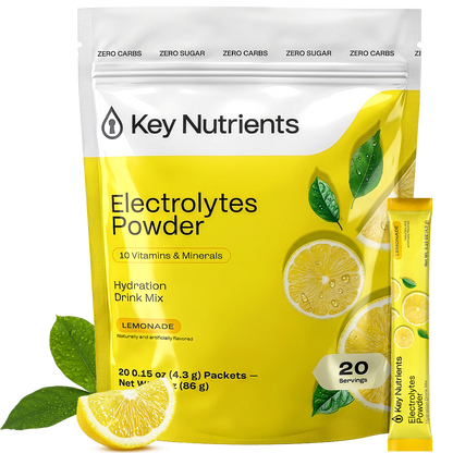 Key Nutrients Electrolyte Recovery Plus Powder, sugar-free electrolyte supplement in a white container with scoop and label.