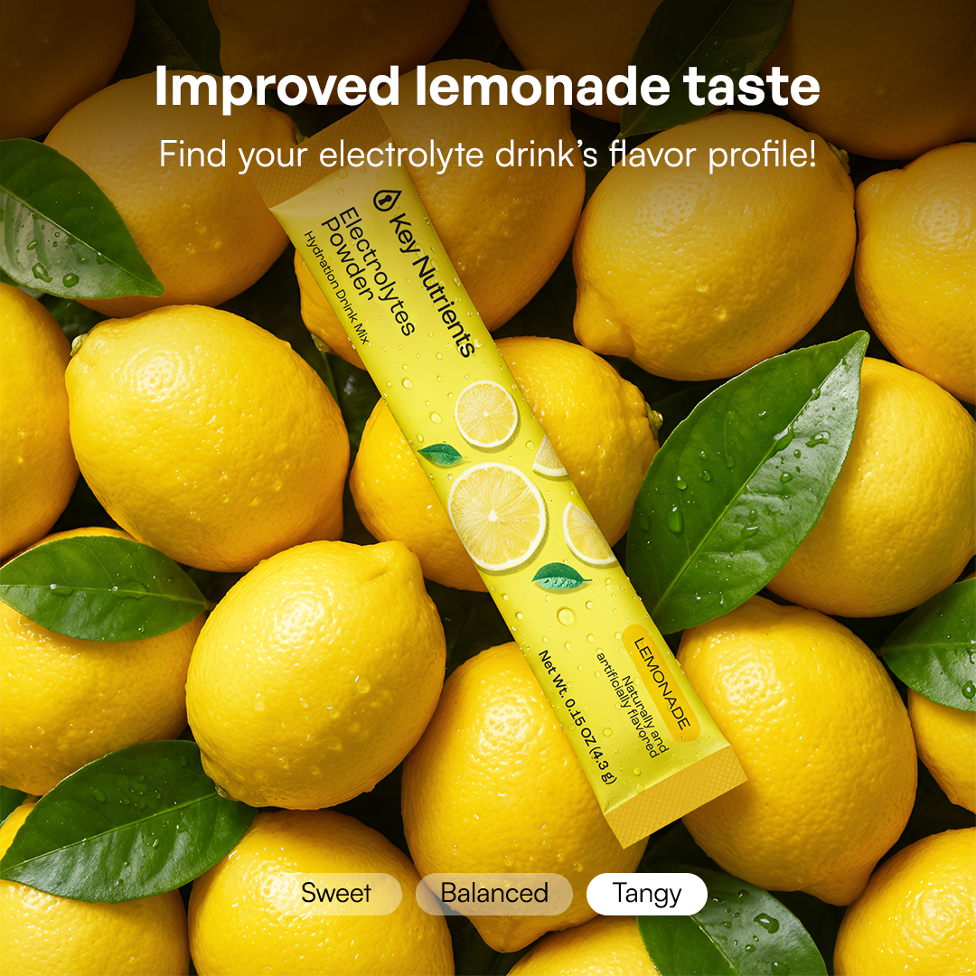 Key Nutrients electrolyte recovery plus powder in lemonade flavor, sugar-free electrolyte supplement with 90 servings.