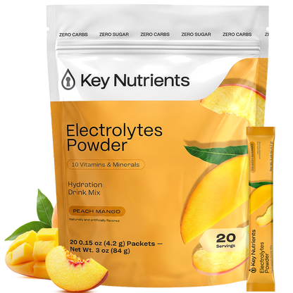 Key Nutrients Electrolyte Recovery Plus Powder in sugar-free formula, showing the orange-flavored powder packaging with measuring scoop.