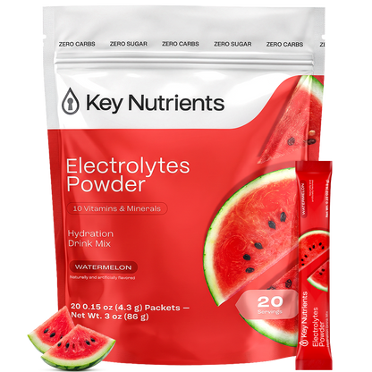 Key Nutrients Electrolyte Recovery Plus Powder sugar-free, orange flavor, in a container with the powder scoop visible inside.