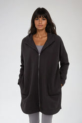 Black Cozy Comfort zip-up hoodie jacket by Fitkitty Culture, featuring a soft, casual fit and comfortable design for women.
