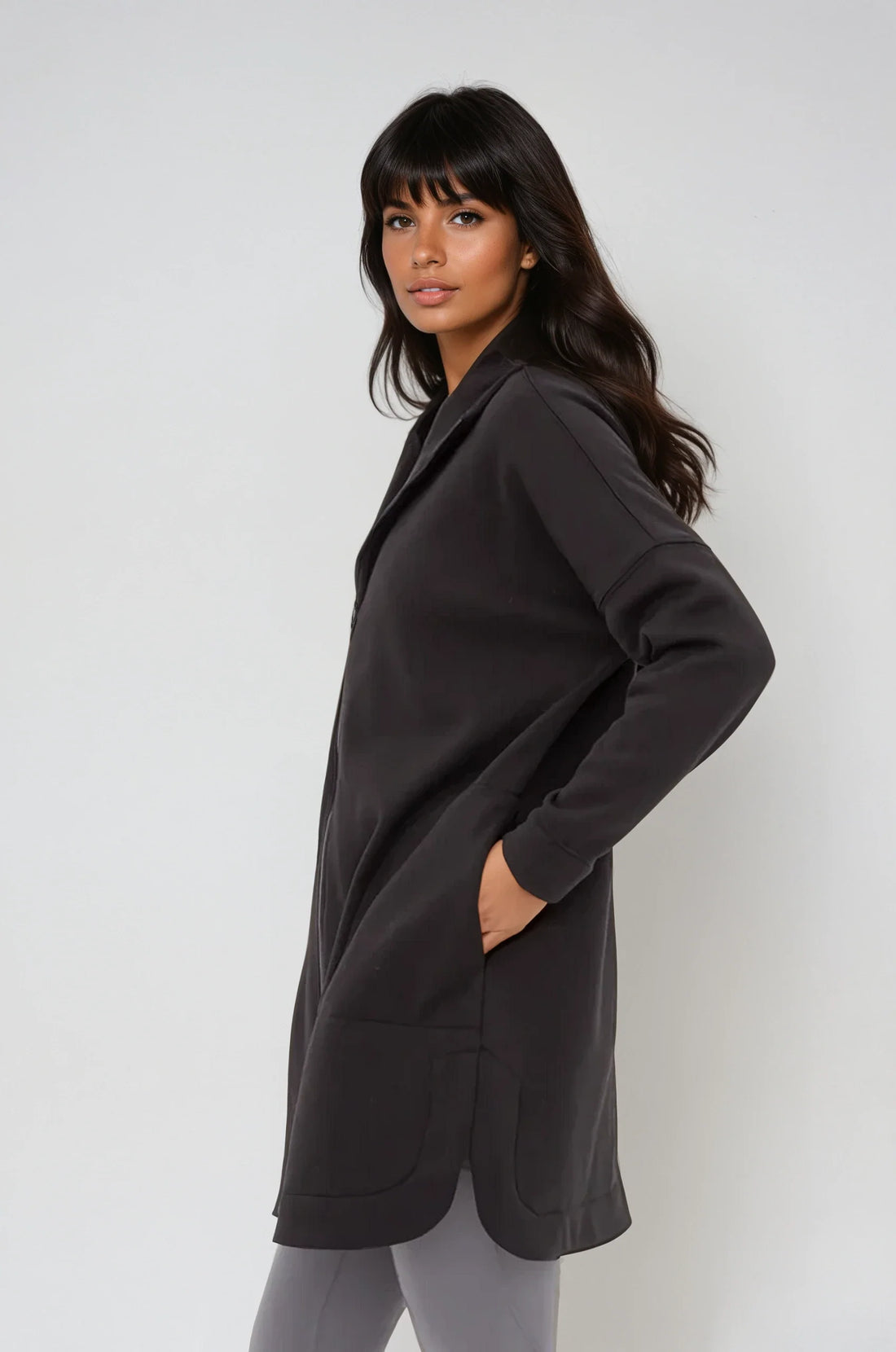 Black Cozy Comfort zip-up hoodie jacket by Fitkitty Culture, featuring a soft fabric and relaxed fit for casual wear.