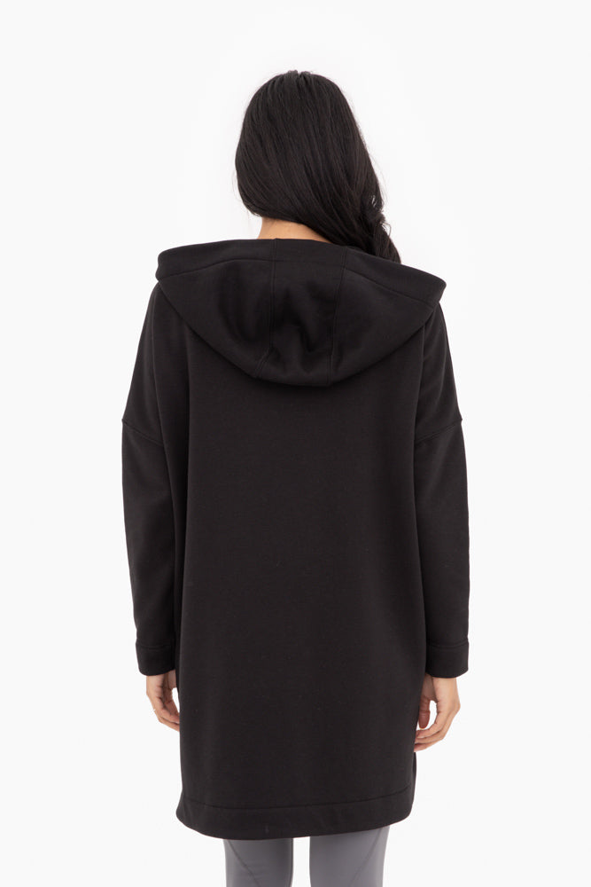 Black Cozy Comfort Zip Up Hoodie Jacket from Fitkitty Culture Athleisure Wear, featuring a relaxed fit and front zipper.