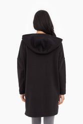 Black Cozy Comfort Zip Up Hoodie Jacket from Fitkitty Culture Athleisure Wear, featuring a relaxed fit and front zipper.