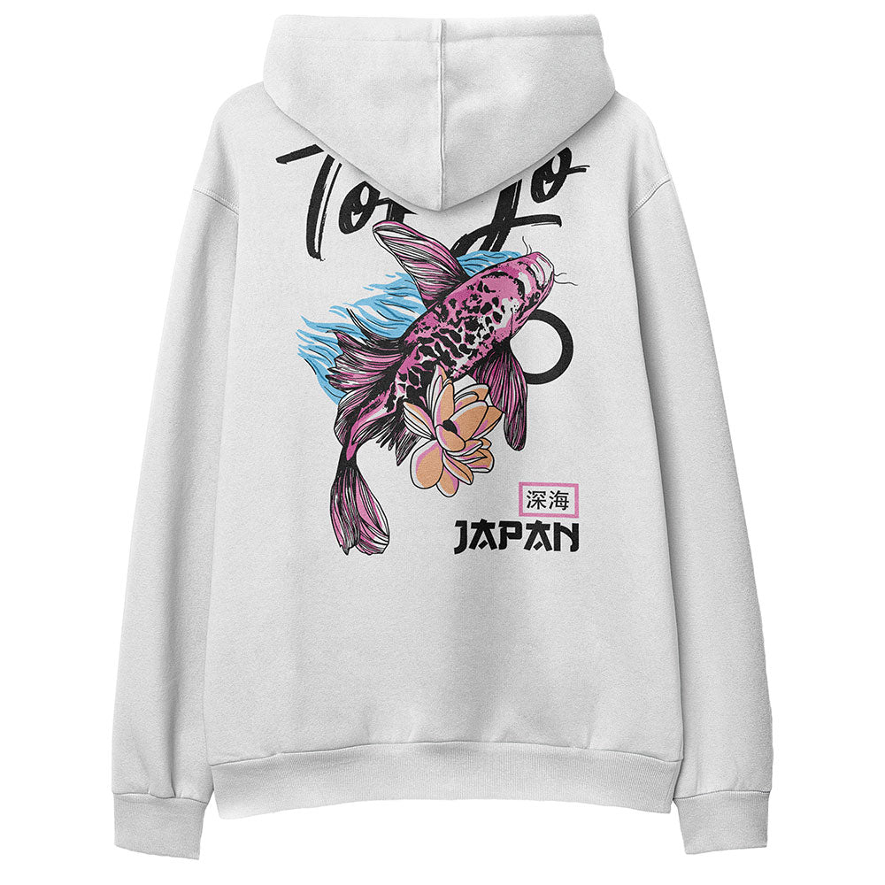 Yūjin Clothing koi fish hoodie featuring a vibrant koi fish design on soft, comfortable fabric for casual wear.
