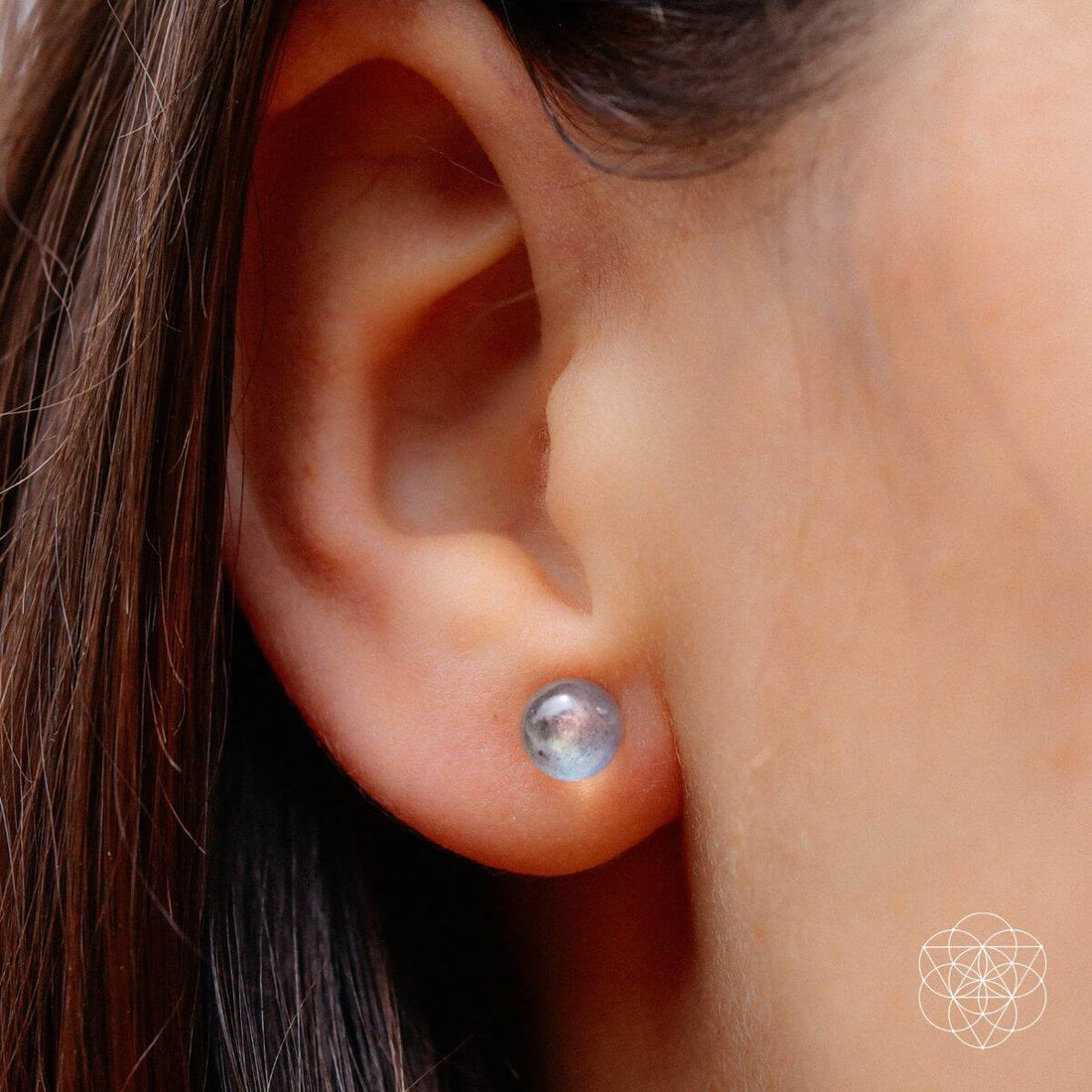 Conscious Items Labradorite Stabilization Earrings featuring polished labradorite stones set in elegant earrings.
