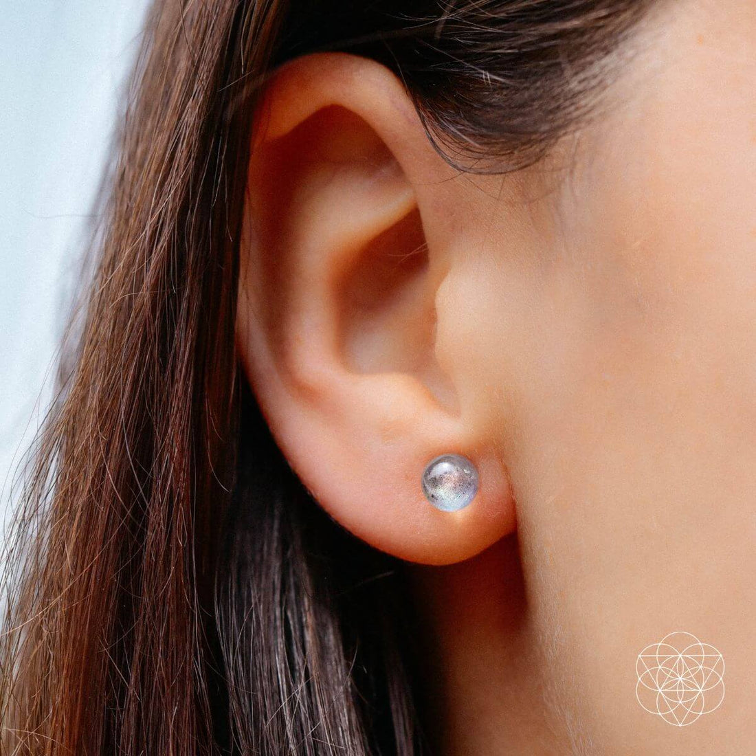 Conscious Items Labradorite Stabilization Earrings featuring polished labradorite gemstones and silver hooks on a white background.