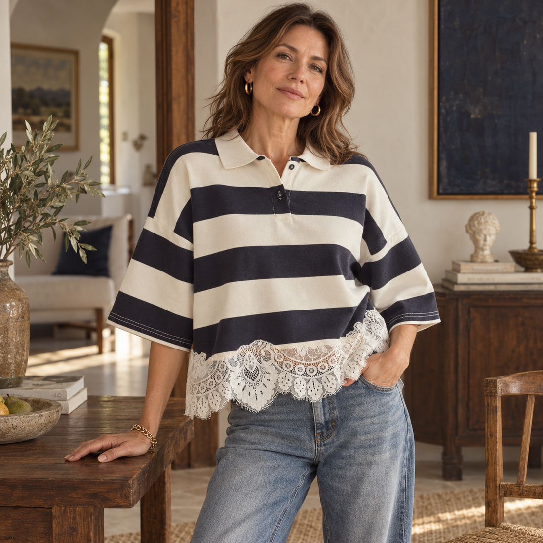 Lace-Trim Striped Polo Pullover