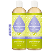 Puracy baby shampoo and body wash with lavender and chamomile, tear-free formula, in a 2-pack bottle for gentle cleansing.