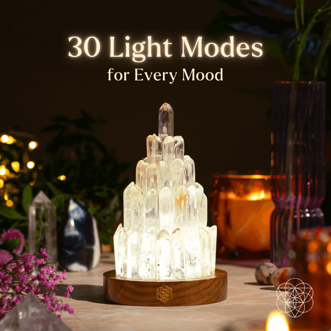 Clear quartz manifestation tower lamp night light by Conscious Items, glowing softly in light mode with a sleek, modern design.