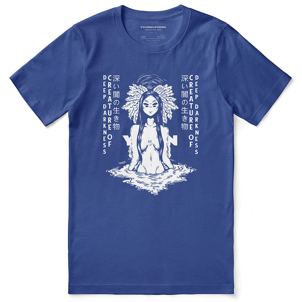 Deep Darkness T-Shirt by Yūjin Clothing featuring a black fabric and minimalist design for casual wear.