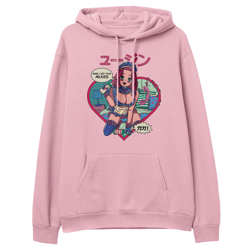 Yūjin Clothing Got Your Milkies hoodie featuring a comfortable fit, soft fabric, and bold graphic design on the front.