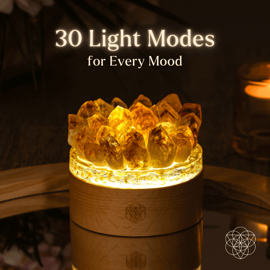 Conscious Items Turn My Life to Gold Midas Citrine Night Light with glowing amber-colored lamp on a dark background