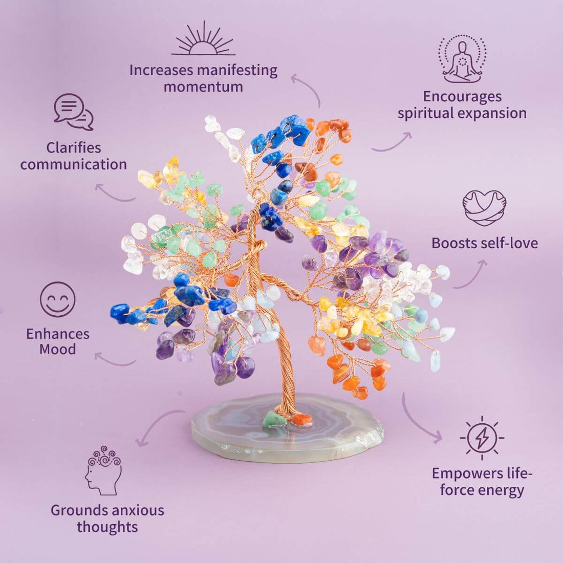 Crystal Tree Feng Shui Chakra Tree by Conscious Items with colorful crystals arranged on a metal branch sculpture.