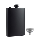 Matte black stainless steel 8 oz liquor flask from Liquor Geeks, barware accessory for carrying small amounts of liquor.