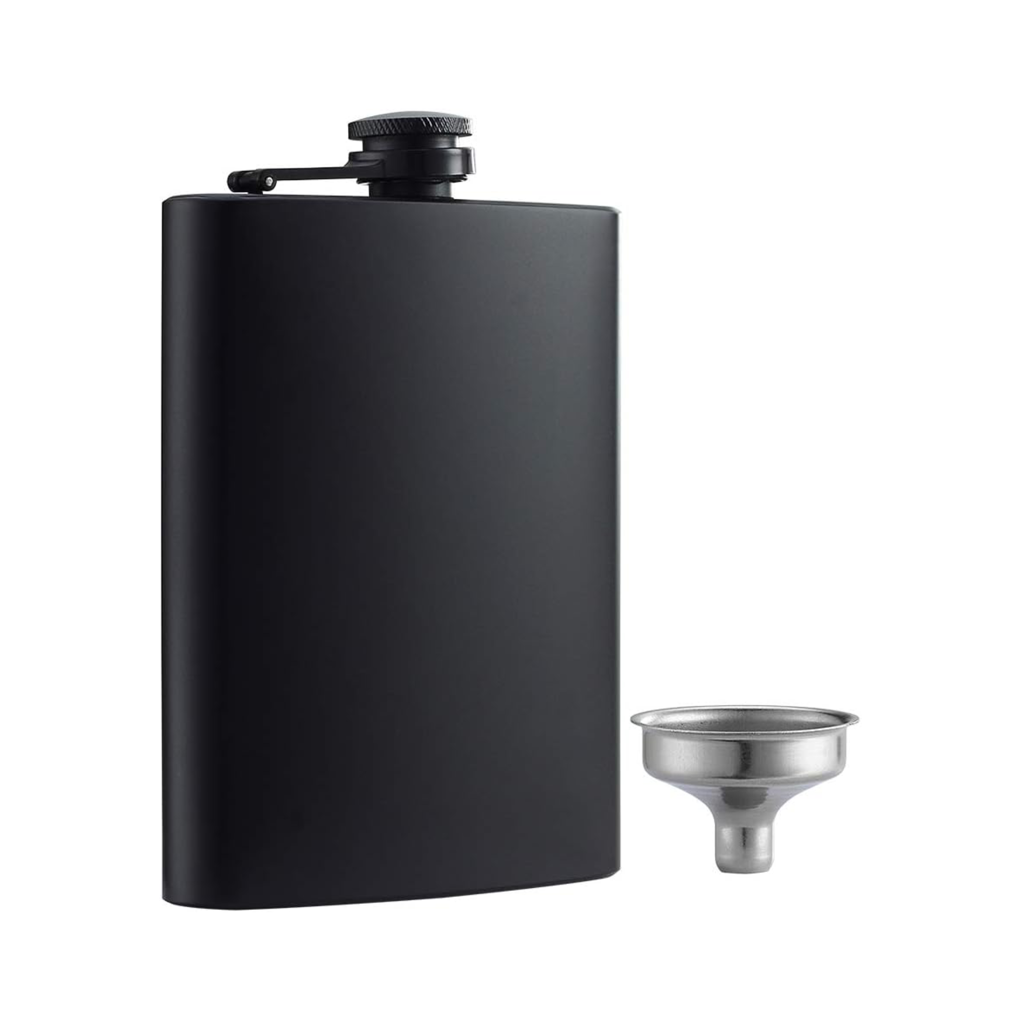 Matte black stainless steel 8 oz liquor flask from Liquor Geeks, barware accessory for carrying small amounts of liquor.