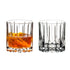 Two-pack of Liquor Geeks Riedel drink-specific rocks glasses, clear barware for spirits and cocktails, shown on a wooden surface.