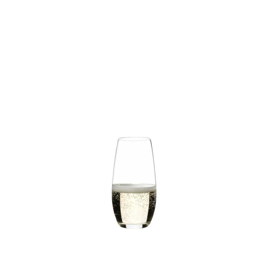 Set of two Riedel Flute O Champagne stemless crystal glasses for barware, featuring sleek, modern design.