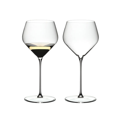 Set of 2 Riedel Veloce Chardonnay glasses for wine tasting, clear barware with elegant bowl and stem design.