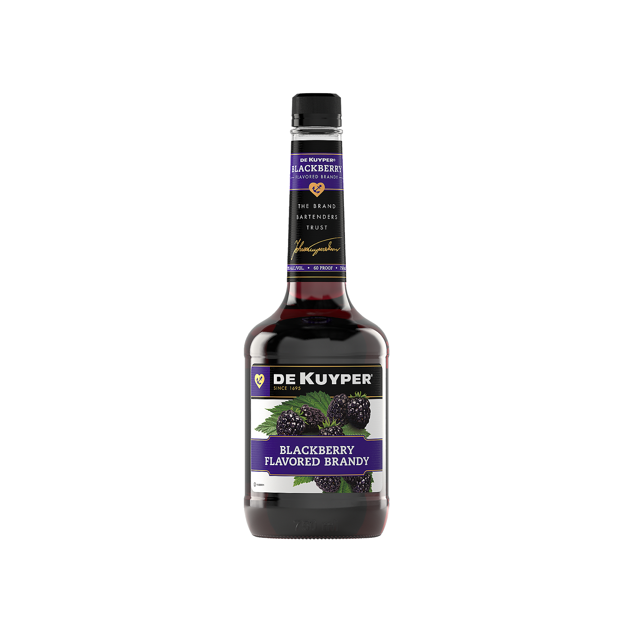 Blackberry flavored brandy in a 750ml Liquor Geeks bottle, showcasing dark berry color and elegant packaging.