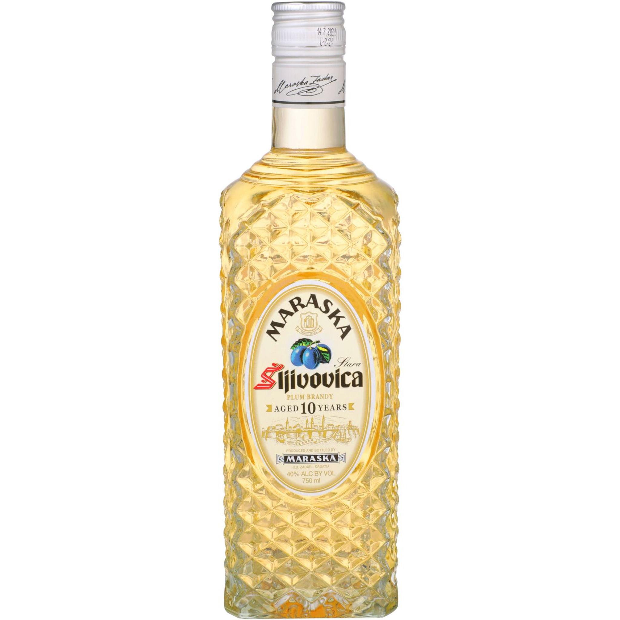 Bottle of Liquor Geeks Maraska Slivovitz 10 Year Brandy in a 750ml glass bottle, showcasing the traditional plum brandy.