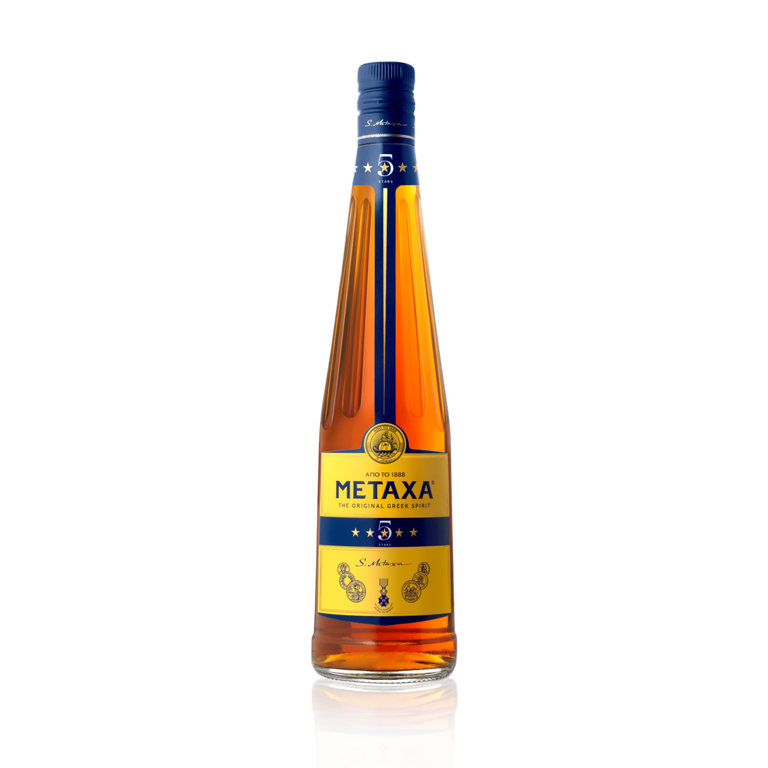 Bottle of Liquor Geeks Metaxa 5 Stars Greek Spirit Brandy in a 750ml glass bottle with a gold and blue label.