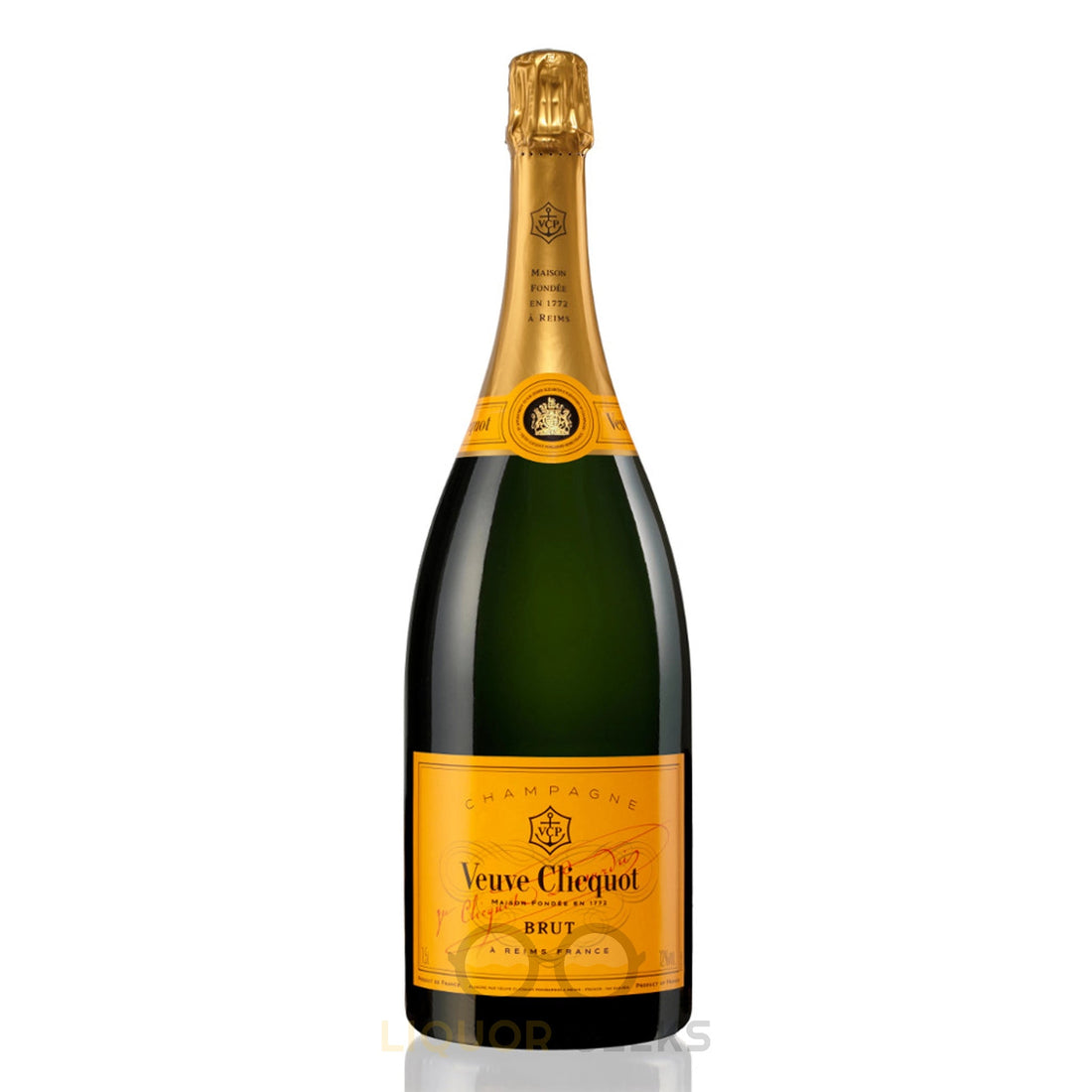 Bottle of Veuve Clicquot Champagne Brut in a clear glass bottle with a yellow label, displayed on a white background.