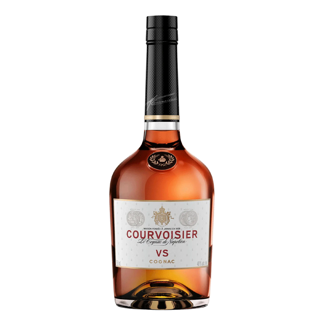 Bottle of Courvoisier VS Cognac in a clear glass bottle with a label, stored in a wooden box, from Liquor Geeks.