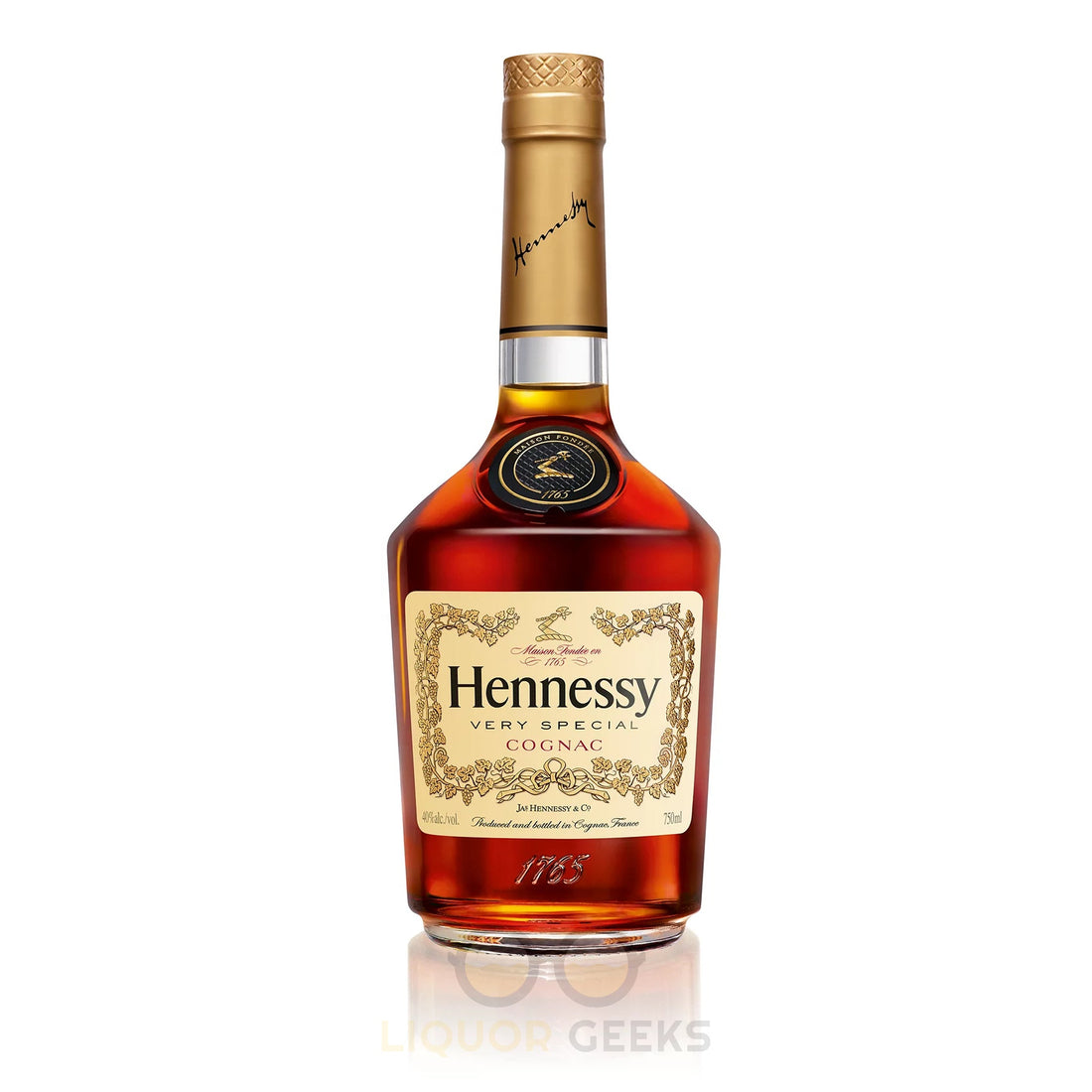 Hennessy V.S. Cognac bottle from Liquor Geeks, 750ml, with a clear glass bottle and label featuring the Hennessy logo.