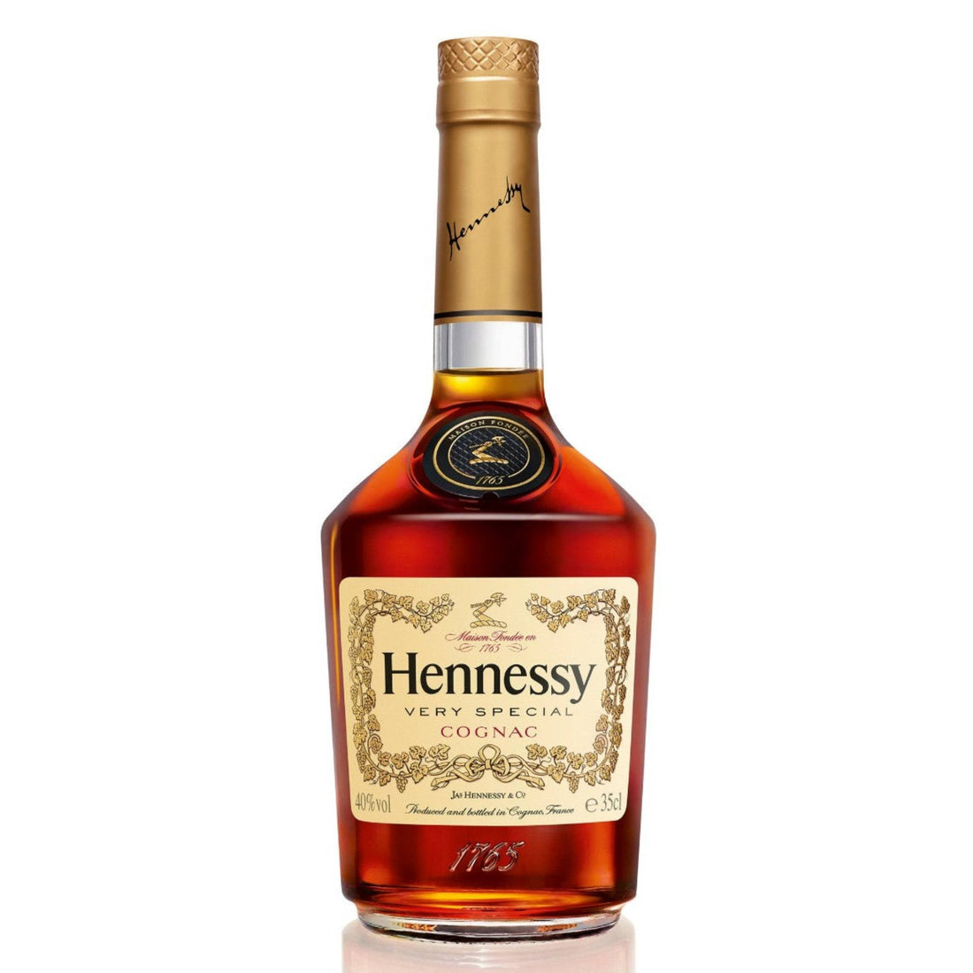 Hennessy V.S. Cognac bottle with label, 750ml size, displayed on a wooden surface, showcasing the Liquor Geeks branding.
