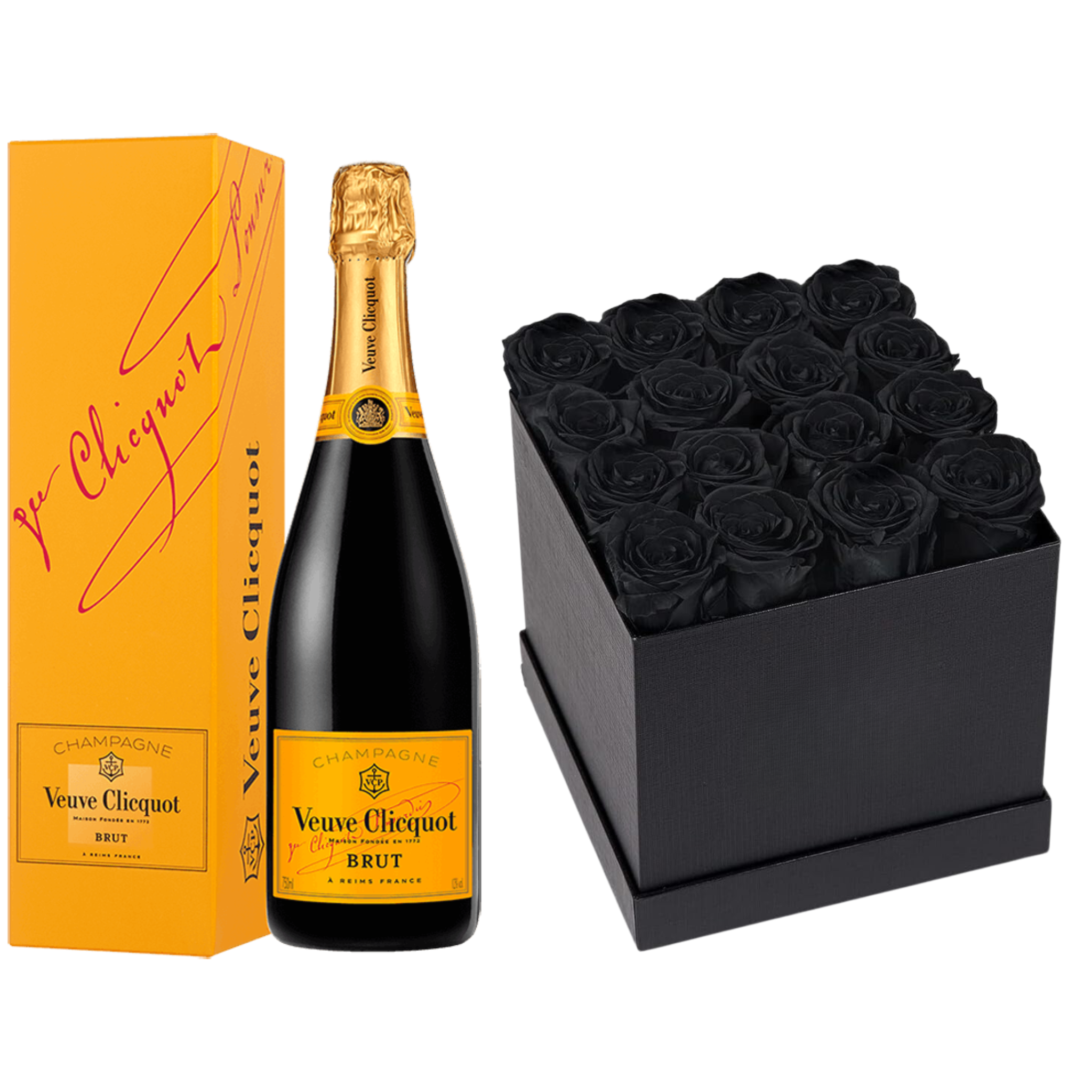 Veuve Clicquot Brut champagne gift set with a decorative flower, presented by Liquor Geeks for special occasions.