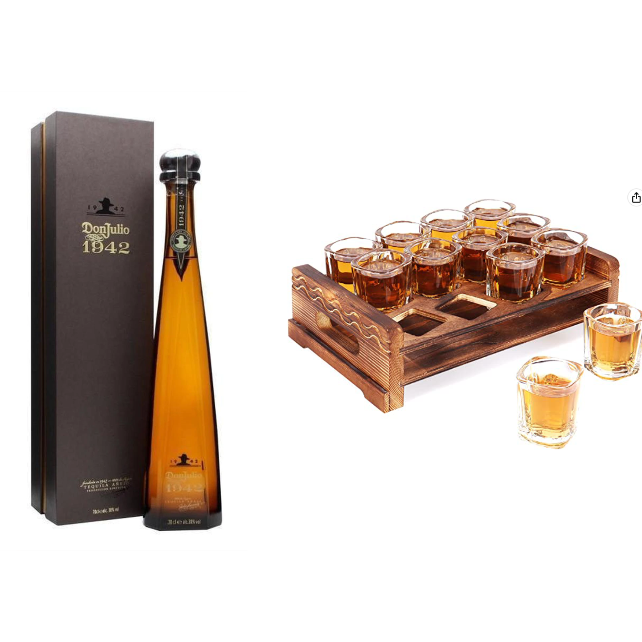 Don Julio 1942 Tequila Anejo gift set with 12 shot glasses, presented by Liquor Geeks, highlighting the premium tequila and glassware.